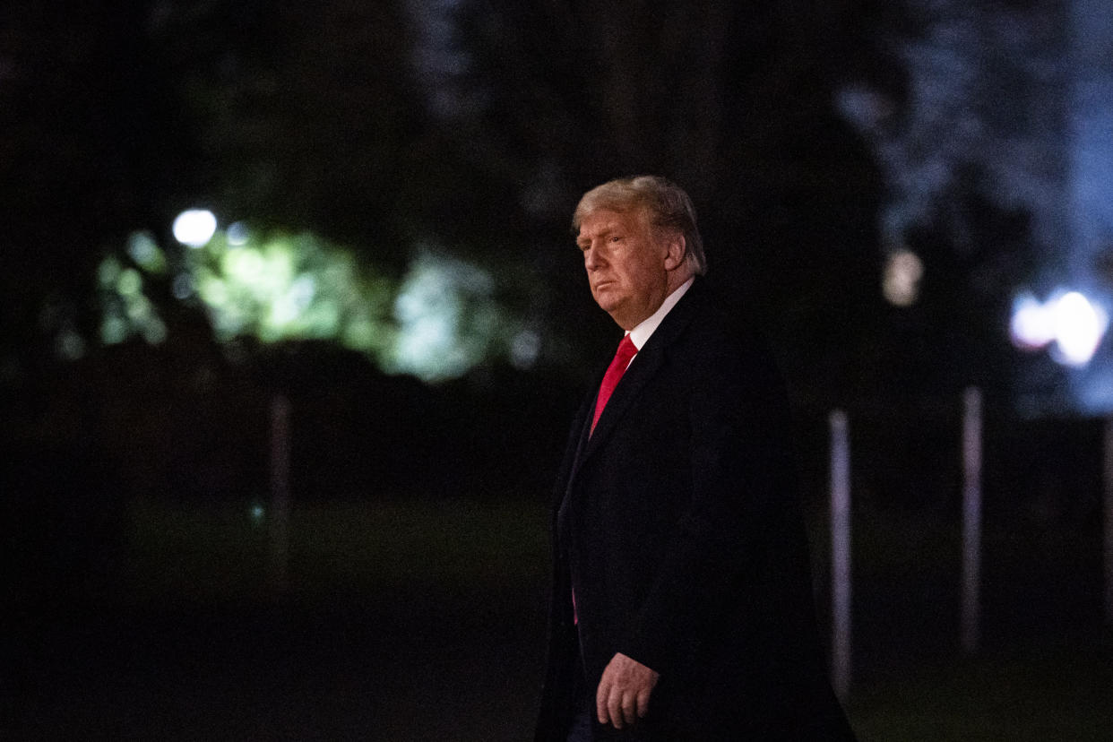 WASHINGTON, DC - DECEMBER 12: U.S. President Donald Trump arrives on the South Lawn of the White House, on December 12, 2020 in Washington, DC. Trump traveled to the Army versus Navy Football Game at the United States Military Academy in West Point, NY. (Photo by Al Drago/Getty Images)