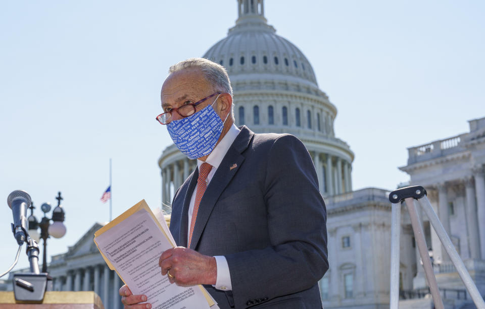 Senate Minority Leader Chuck Schumer, D-N.Y., holds a press briefing on the Supreme Court vacancy created by the death of Justice Ruth Bader Ginsburg, outside the Capitol in Washington, Tuesday, Sept. 22, 2020. (AP Photo/J. Scott Applewhite)