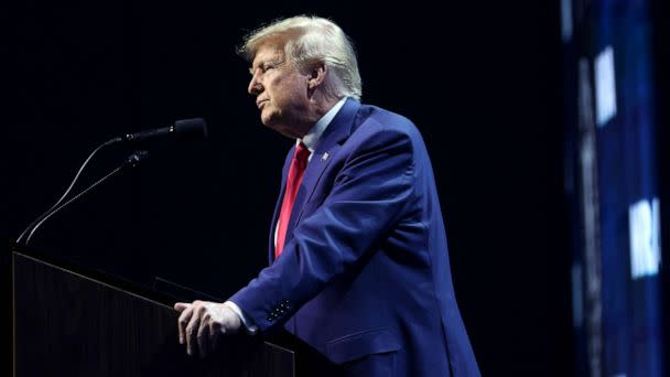 PHOTO: Former President Donald Trump speaks to guests at the 2023 NRA-ILA Leadership Forum on April 14, 2023 in Indianapolis, Indiana. (Scott Olson/Getty Images)