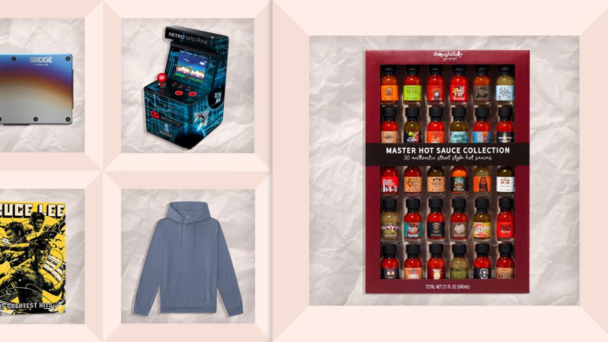 ridge wallet, mini arcade machines, hot sauce sample kit, hoodies, bruce lee collection