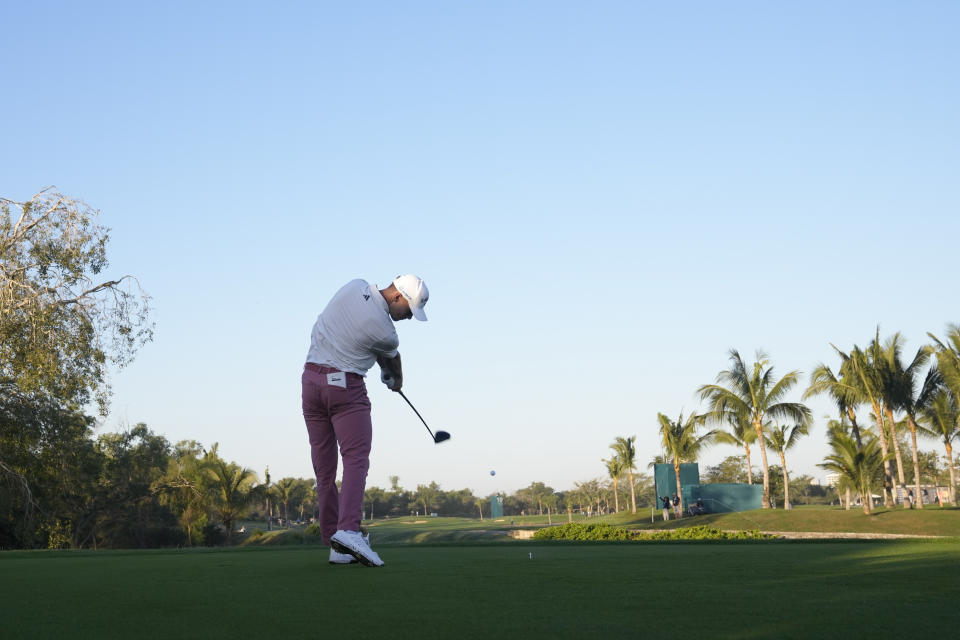 Nicolai Hojgaard, of Denmark, tees off on the 10th hole during the first round of the Mexico Open golf tournament in Puerto Vallarta, Mexico, Thursday, Feb. 22, 2024. (AP Photo/Fernando Llano)