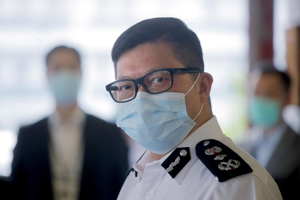 The Commissioner of Police Chris Tang Ping-keung speaks to the media at the Police Marine Regional Headquarters in Hong Kong, Thursday, Aug. 27, 2020. Chinese authorities have arrested at least 10 people, including a Hong Kong pro-democracy activist, after its coast guard intercepted a speedboat suspected of illegally crossing the border waters off the coast of the southern province of Guangdong. (AP Photo/Kin Cheung)