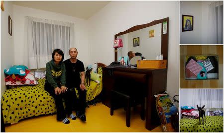 A combination picture shows Huh Heung-hwan (R) and Park Eun-mi the parents of Huh Da-yoon, a high school student who died in the Sewol ferry disaster, as they pose for a photograph in their daughter's room, as well as details of her belongings, in Ansan April 8, 2015. REUTERS/Kim Hong-Ji