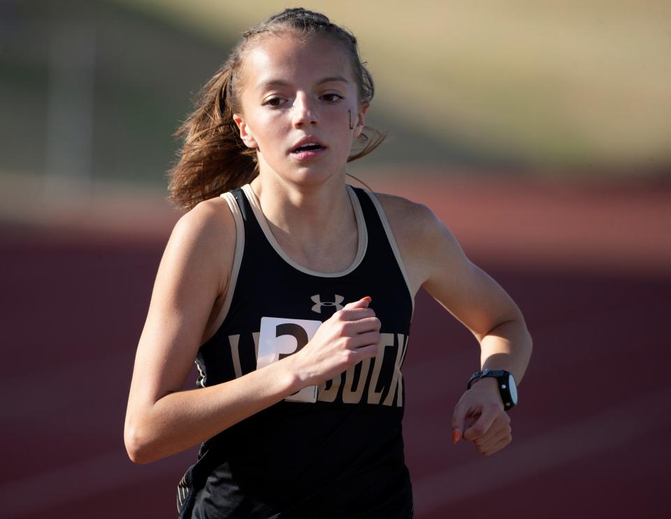 Lubbock High's Reese Pena competes in the Districts 3/4-5A 200 meter dash, Thursday, April 21, 2022, at Lowrey Field at PlainsCapital Park. Pena placed second with 5:26.16.