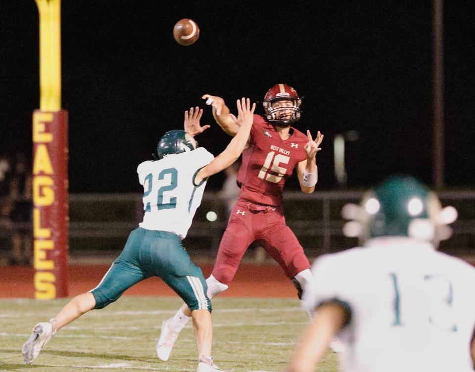 West Valley quarterback Noah Mason makes a pass in the game against Red Bluff on Friday, Sept. 30, 2022. West Valley won 34-6.