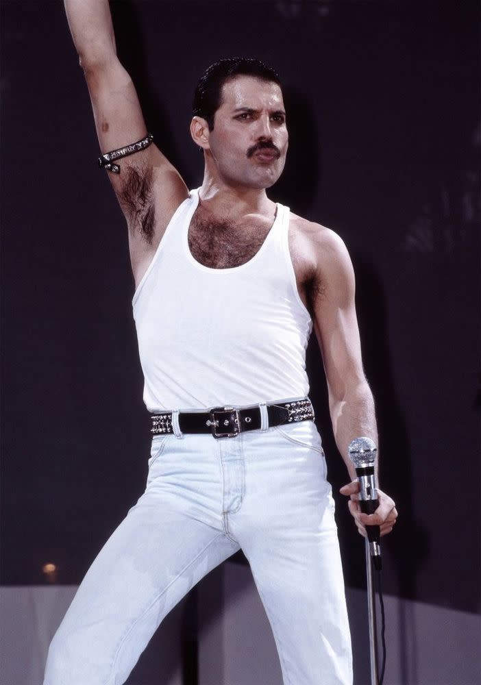 Freddie Mercury performing at Live Aid, July 1985