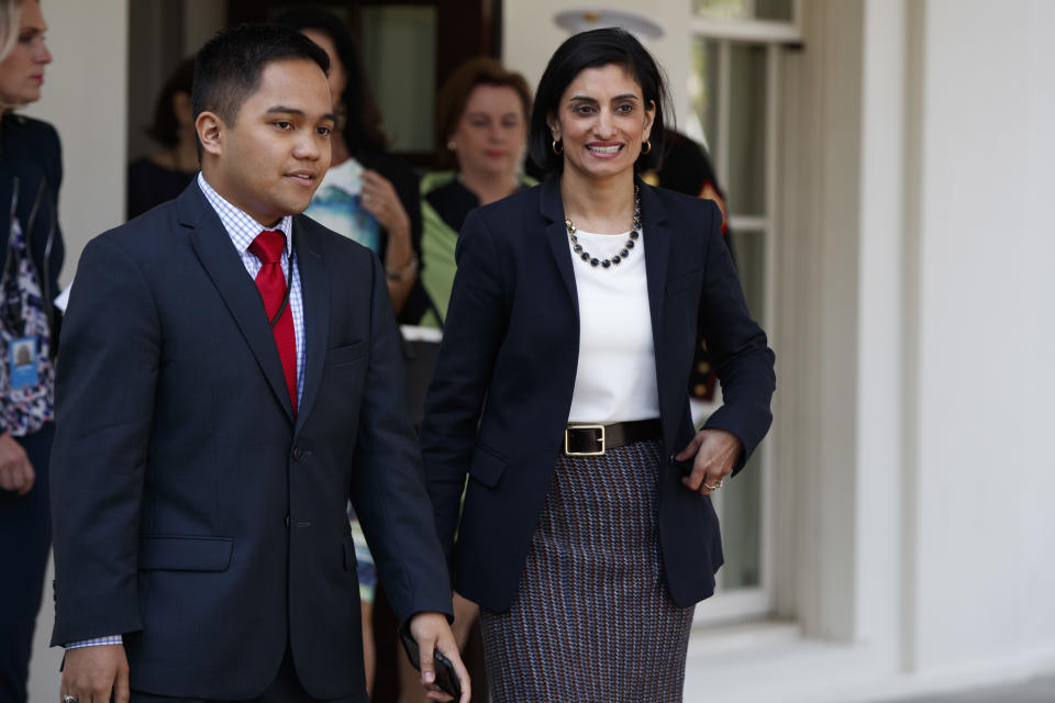 Seema Verma, administrator of the Centers for Medicare and Medicaid Services, walks to speak with reporters outside the White House in Washington, Thursday, April 13, 2017, after President Donald Trump signed signed H.J. Res. 43, which allows states to withhold federal funds from facilities that provide abortion services (AP Photo/Evan Vucci)