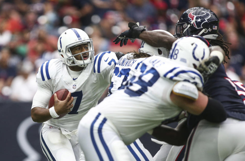 Nov 5, 2017; Houston, TX, USA; Indianapolis Colts quarterback Jacoby Brissett (7) is sacked during the third quarter against the Houston Texans at NRG Stadium. Mandatory Credit: Troy Taormina-USA TODAY Sports