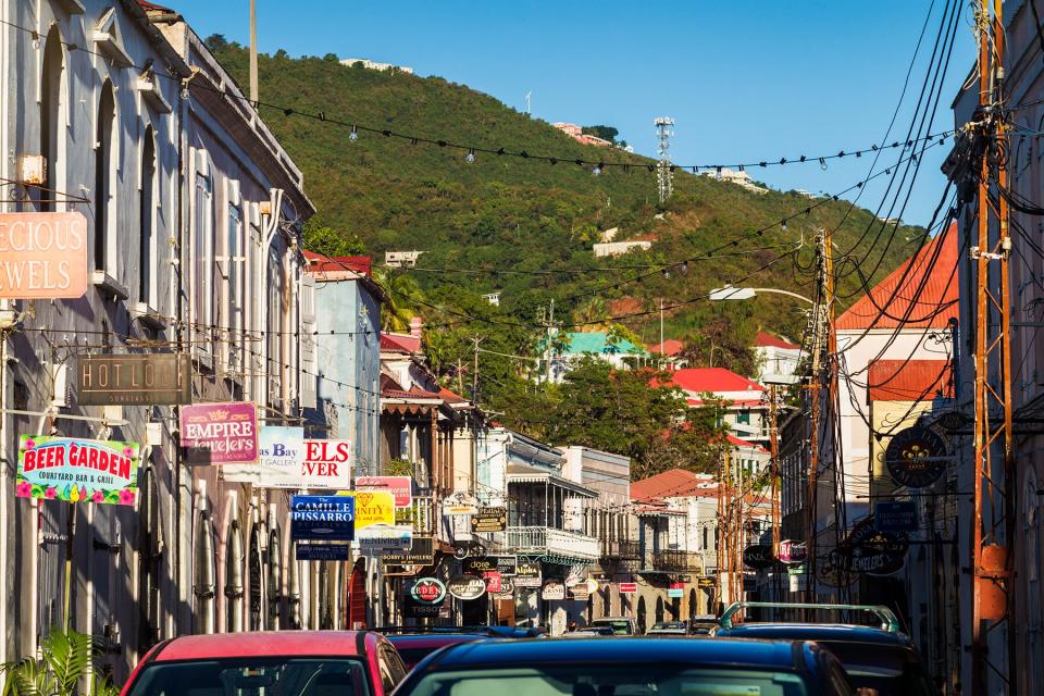 Buildings on main shopping street on Dronningens Gade Street in Charlotte Amalie, St. Thomas