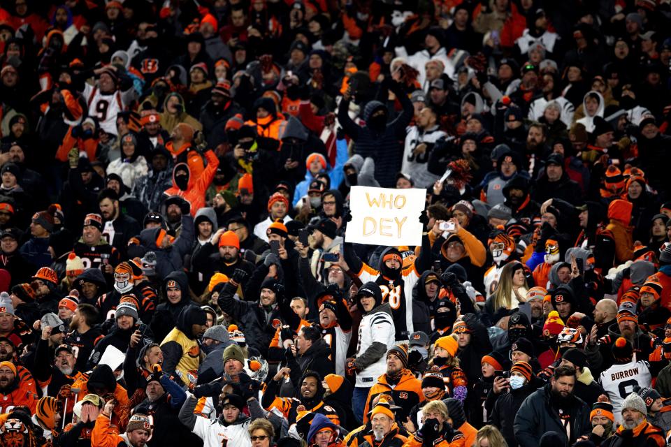 Cincinnati Bengals fans cheer after the AFC wild-card game on Saturday, Jan. 15, 2022, at Paul Brown Stadium.