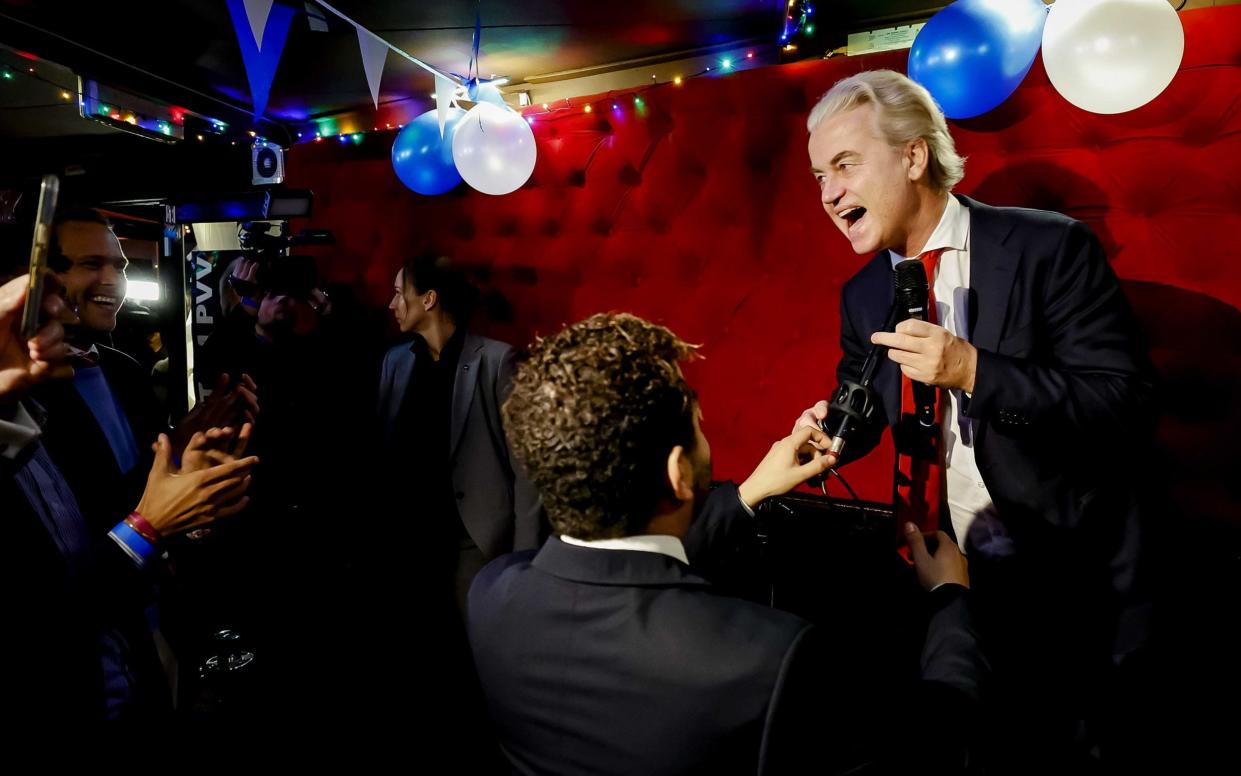 PVV leader Geert Wilders celebrates the results of the House of Representatives elections in Scheveningen, Netherlands on Wednesday