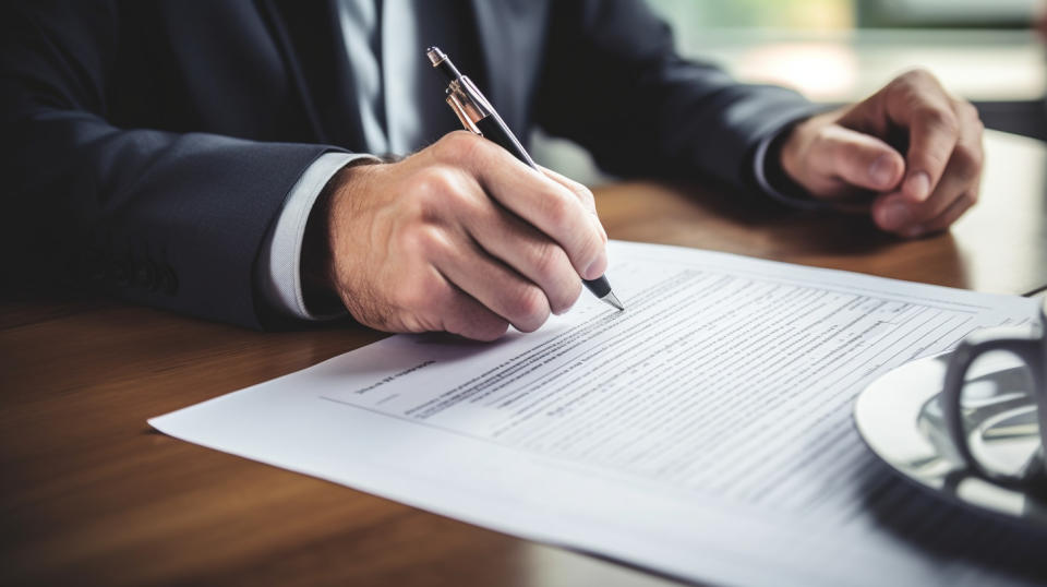 A closeup of a person reading through a document outlining the advantages of life insurance.