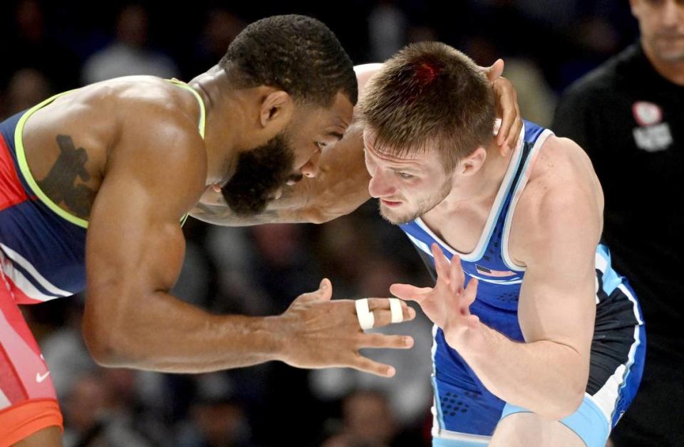 Jason Nolf wrestles Jordan Burroughs in the 74 kg championships bout during the U.S. Olympic Team Trials at the Bryce Jordan Center on Friday, April 19, 2024.