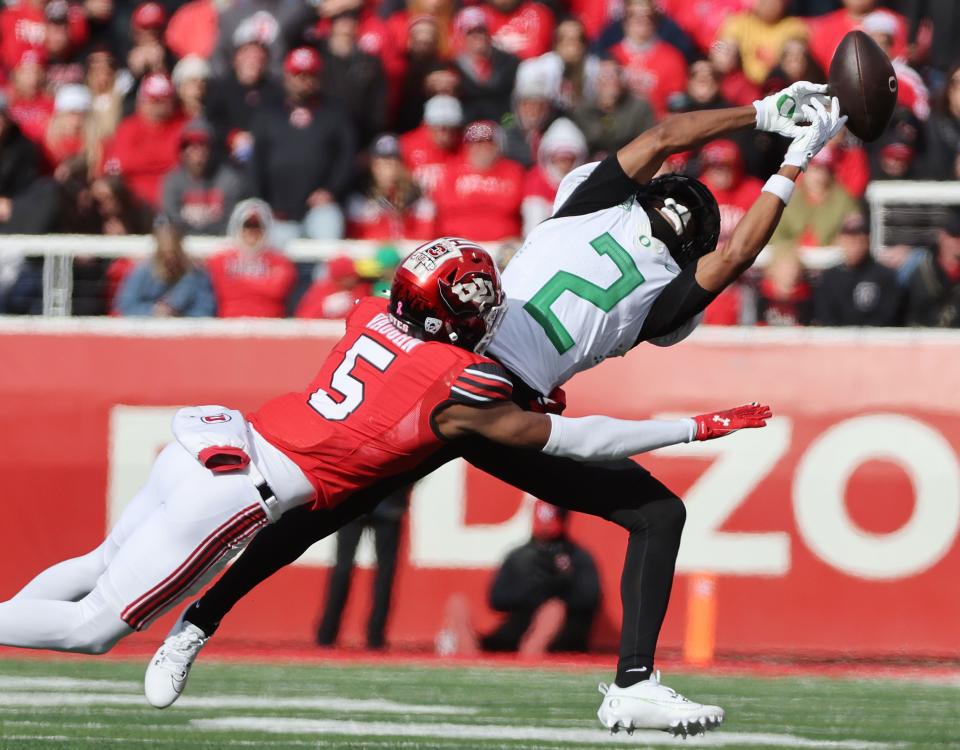 Utah Utes cornerback Zemaiah Vaughn (5) defends Oregon Ducks wide receiver Gary Bryant Jr. (2) in Salt Lake City on Saturday, Oct. 28, 2023. Oregon won 35-6. | Jeffrey D. Allred, Deseret News