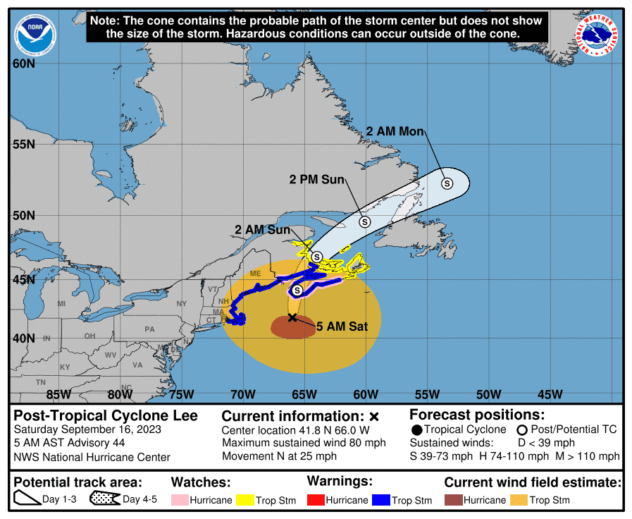 The National Hurricane Center's advisory for Hurricane Lee, now a post-tropical cyclone, as of 5 a.m. Saturday, Sept. 16.