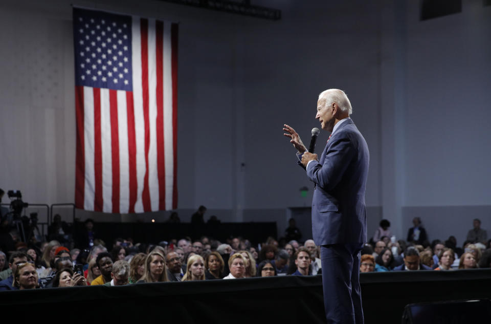 Former Vice President and Democratic presidential candidate Joe Biden speaks during a gun safety forum Wednesday, Oct. 2, 2019, in Las Vegas. (AP Photo/John Locher)