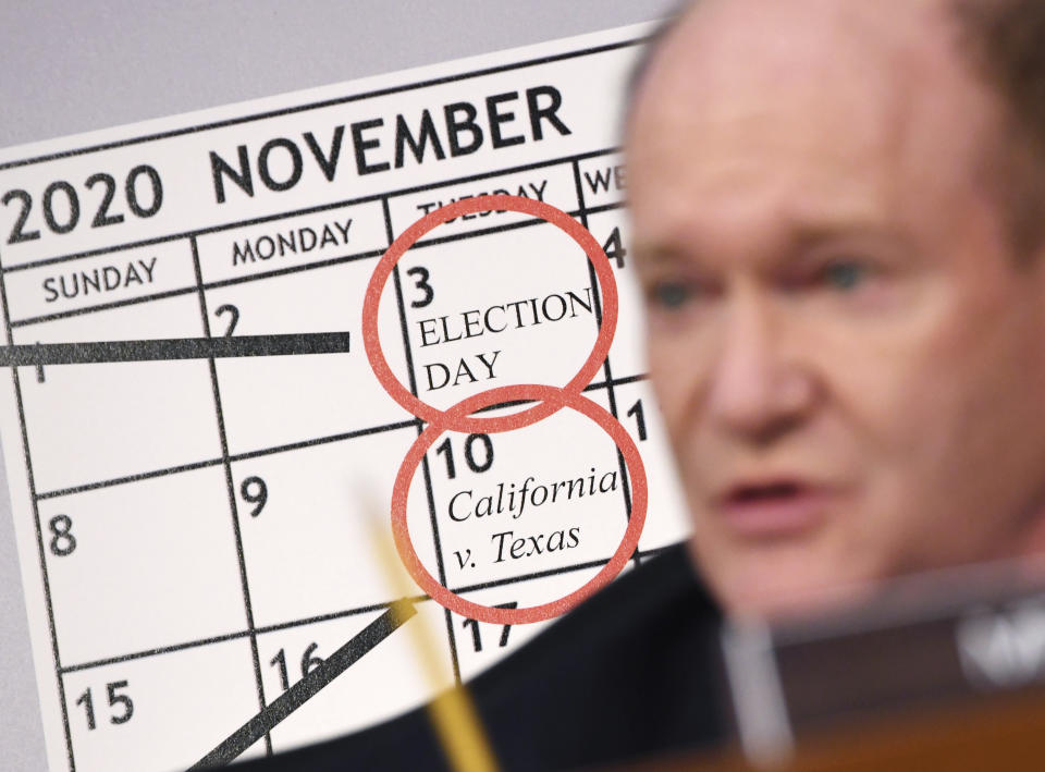 Sen. Chris Coons, D-Del., speaks during the confirmation hearing for Supreme Court nominee Amy Coney Barrett before the Senate Judiciary Committee, Tuesday, Oct. 13, 2020, on Capitol Hill in Washington. (Kevin Dietsch/Pool via AP)