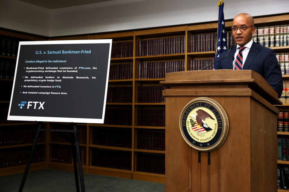 U.S. Attorney Damian Williams speaks during a press conference about the criminal charges filed against FTX founder Sam Bankman-Fried, Tuesday, Dec. 13, 2022, in New York.
