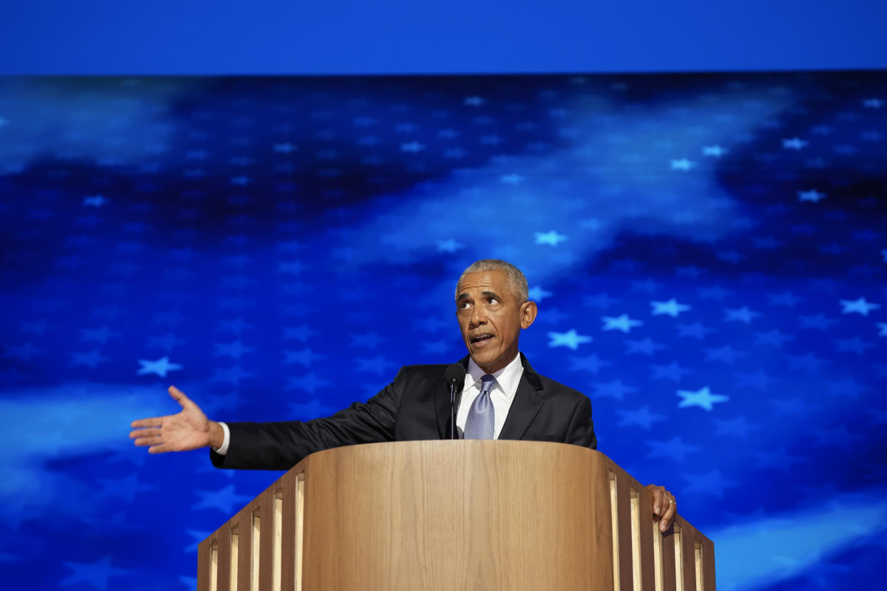 CHICAGO, ILLINOIS - AUGUST 20: Former U.S. President Barack Obama speaks on stage during the second day of the Democratic National Convention at the United Center on August 20, 2024 in Chicago, Illinois. Delegates, politicians, and Democratic Party supporters are gathering in Chicago, as current Vice President Kamala Harris is named her party's presidential nominee. The DNC takes place from August 19-22. (Photo by Andrew Harnik/Getty Images)