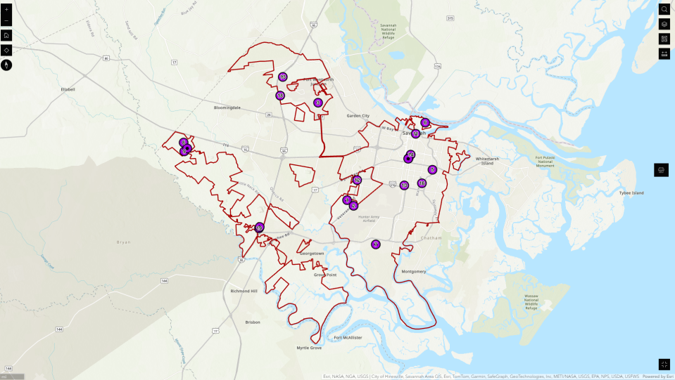 A screengrab of the Invest in Beautiful Savannah map created by the City of Savannah, which shows locations of the city's top-20 private developments. Eight of the top 20 highest-valued projects have industrial uses.