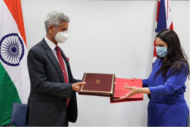 <p>Priti Patel meets the Indian minister for external affairs Dr S Jaishankar in London on Tuesday</p> (Priti Patel/Twitter)