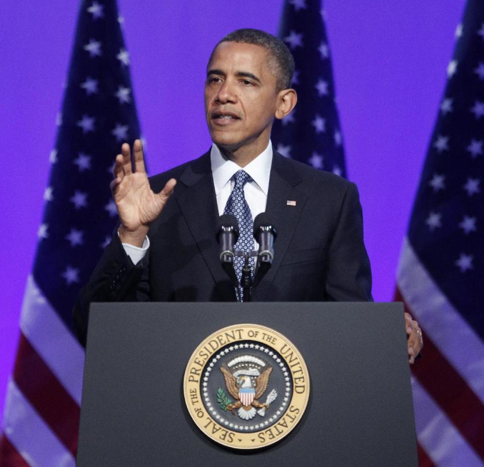 President Barack Obama gestures as he speaks at The Associated Press luncheon during the ASNE Convention, Tuesday, April 3, 2012, in Washington. (AP Photo/Pablo Martinez Monsivais)