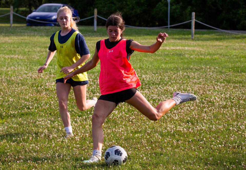 Licking Valley's Avery Williams sends a shot toward the goal as she practices with the Legend Soccer Club 2005 at the Licking County Family YMCA in Newark, Ohio on July 5, 2022. The team is preparing for the upcoming US Club Soccer National Cup in Denver, Colorado.