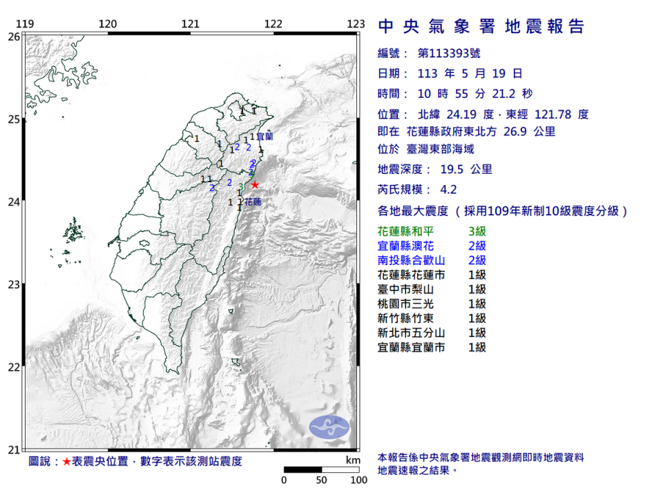 今(19)日上午10時55分發生規模4.2地震，地震深度19.5公里。   圖：翻攝自中央氣象署官網