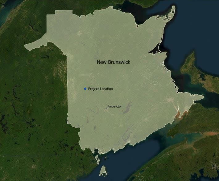 A map showing the location of Brighton Mountain in western New Brunswick.