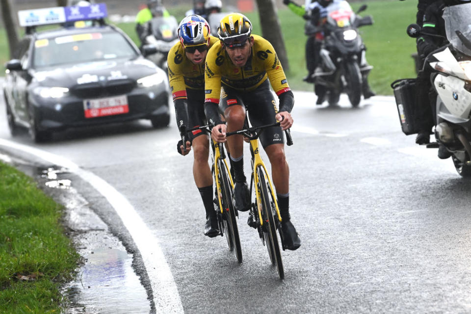 WEVELGEM BELGIUM  MARCH 26 LR Wout Van Aert of Belgium and Christophe Laporte of France and Team JumboVisma compete in the breakaway during the 85th GentWevelgem in Flanders Fields 2023 Mens Elite a 2609km one day race from Ypres to Wevelgem  UCIWT  on March 26 2023 in Wevelgem Belgium Photo by Tim de WaeleGetty Images