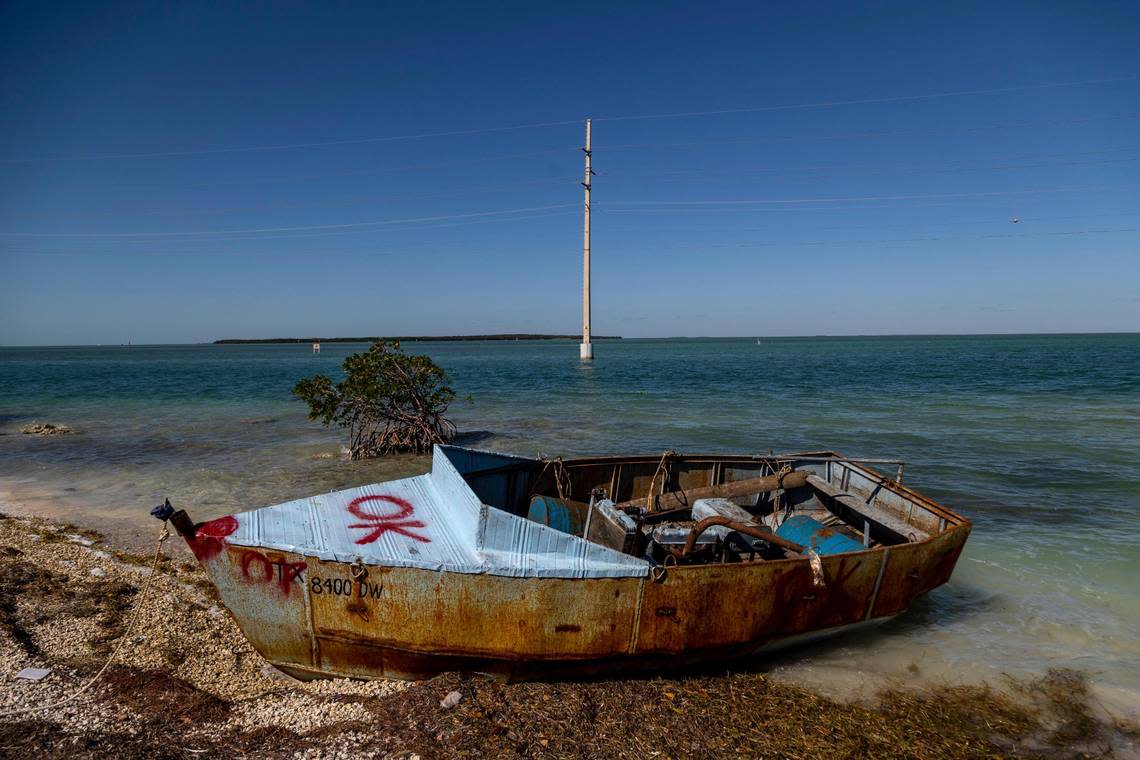 A boat used by Cuban migrants to reach the United States sits off Islamorada on the Overseas Highway, mile marker 79, on Jan. 14, 2023.