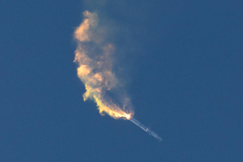 The SpaceX Starship maneuvers for a second stage separation after launching on a flight test from Starbase in Boca Chica, Texas, on April 20, 2023.