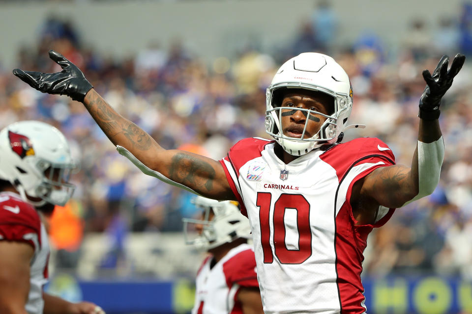 INGLEWOOD, CALIFORNIA - OCTOBER 03: DeAndre Hopkins #10 of the Arizona Cardinals reacts after a touchdown scored during the second quarter against the Los Angeles Rams at SoFi Stadium on October 03, 2021 in Inglewood, California. (Photo by Katelyn Mulcahy/Getty Images)