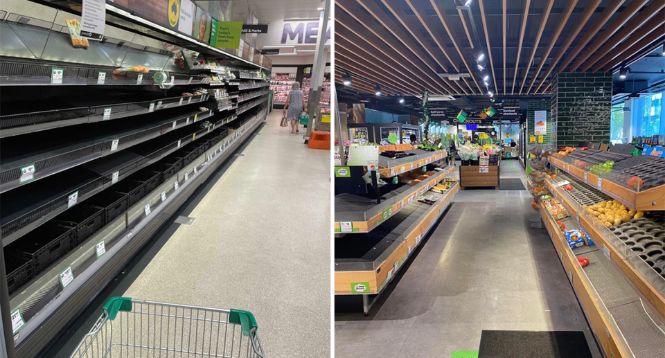 Woolworths shelves sit almost empty of fresh produce.