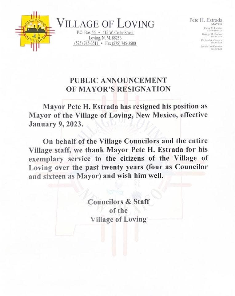 A Village of Loving Facebook post states Loving Mayor Pete Estrada resigned Jan. 9, 2023, after serving as mayor for 16 years.