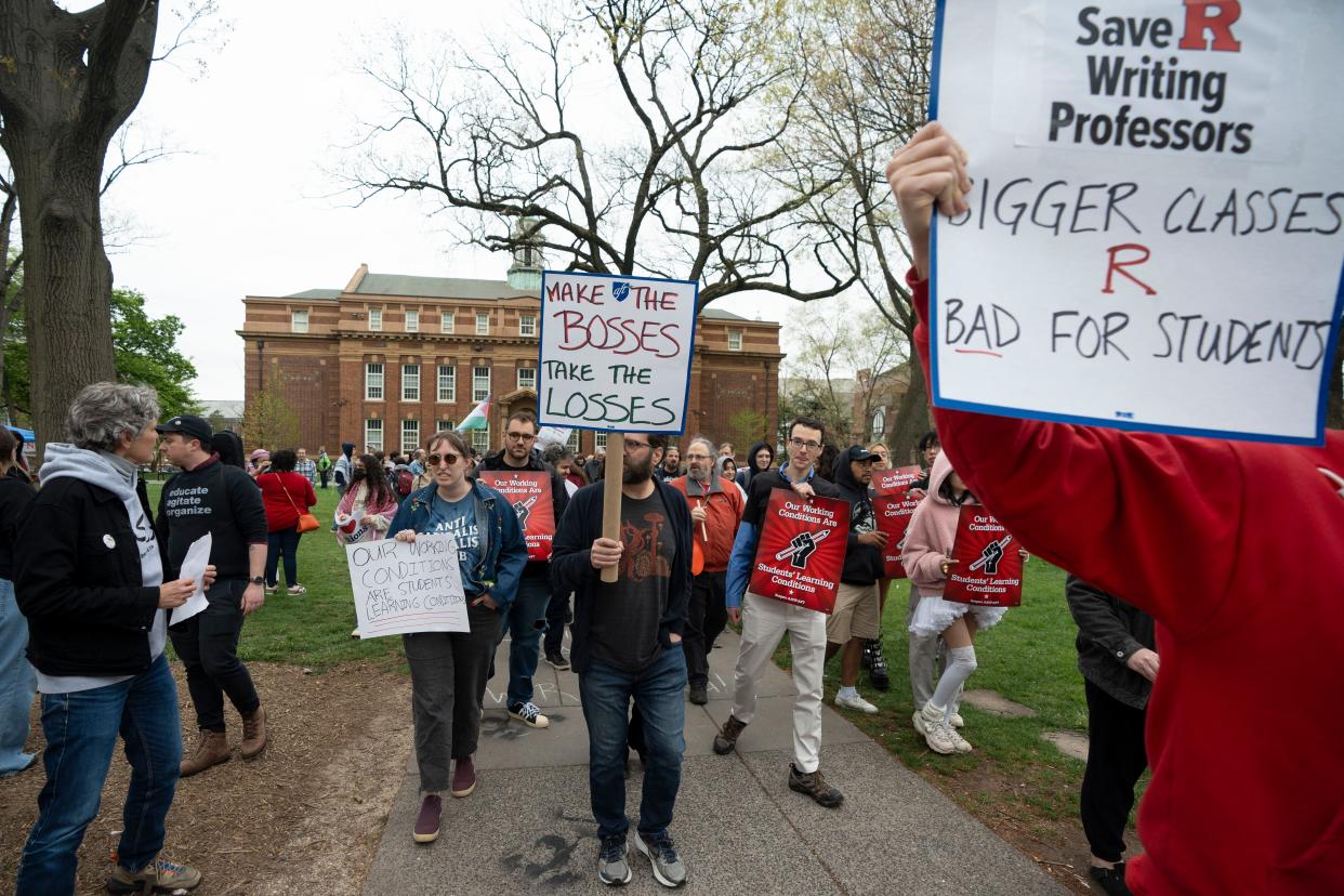 Apr 17, 2024; New Brunswick, New Jersey, United States; Members of three unions that went on strike at Rutgers University last spring gather to celebrate the first anniversary of their strike and also to protest plans to increase class sizes and lay off educators, including drastic cuts to the writing program.