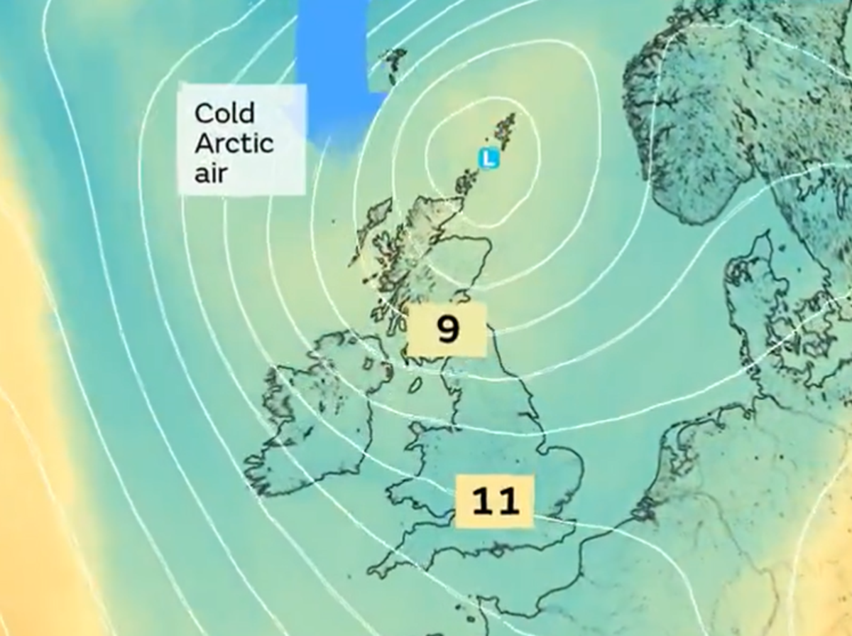 The Met Office is forecasting the arrival of cold air from the Arctic on Friday which will bring down temperatures across the UK (Met Office)