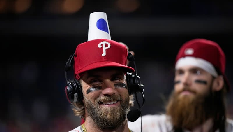 Philadelphia Phillies' Bryce Harper reacts after a game, Tuesday, May 21, 2024, in Philadelphia.