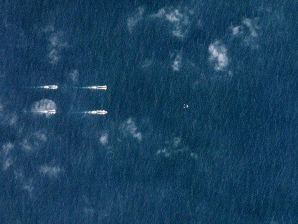 Satellite images show what appeared to be at least 40 ships and submarines flanking the carrier, ‘Liaoning’, supported by aircraft above (Planet Labs/Handout via REUTERS)