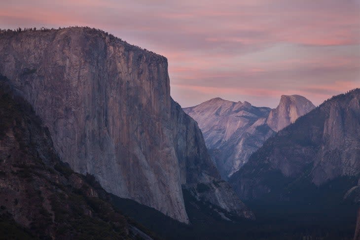 Sunset over Yosemite's El Capitan and Half Dome viewed from Inspiration Point