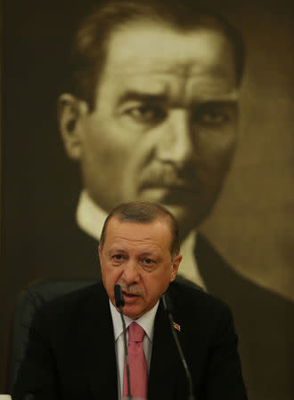 Turkish President Tayyip Erdogan speaks during a news conference at Ataturk International Airport in Istanbul, Turkey September 8, 2017. REUTERS/Osman Orsal