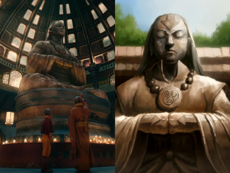 left: aang and gyatso standing in front of a statue of avatar yangchen in the live action avatar; right: a statue of yangchen in the animated legend of korra