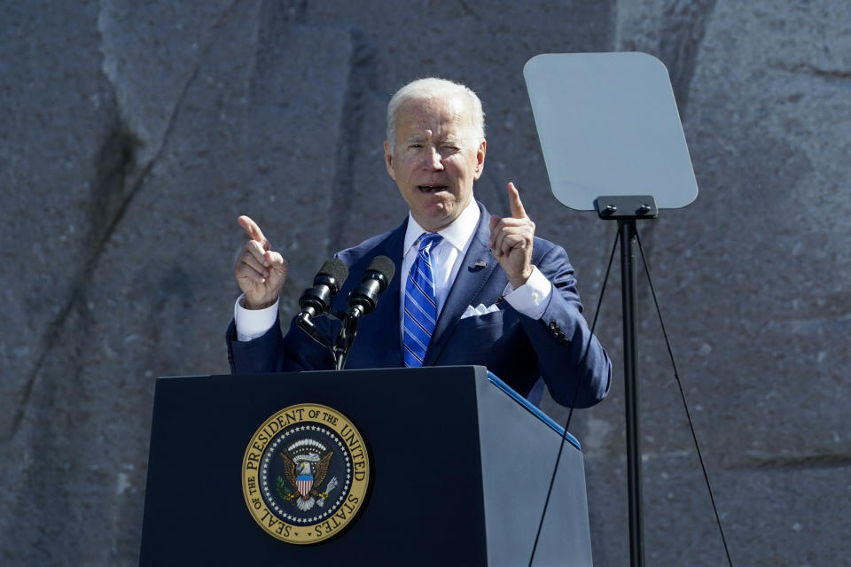 President Joe Biden speaks during an event marking the 10th anniversary of the dedication of the Martin Luther King, Jr. Memorial in Washington, Thursday, Oct. 21, 2021. (AP Photo/Susan Walsh)