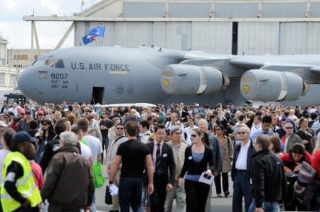 FILE PHOTO: A U.S. Lockheed C-130J aircraft is seen during the 49th Paris Air Show at the Le Bourget airport near Paris, France, June 24, 2011.  REUTERS/Gonzalo Fuentes/File Photo