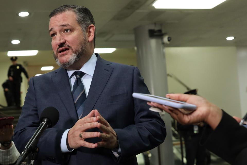 U.S. Sen. Ted Cruz (R-TX) speaks to members of the media during a break of the Senate impeachment trial against President Trump at the U.S. Capitol January 23, 2020 in Washington, DC. House Democrats continued opening arguments on day 3 of the Senate impeachment trial.