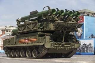 The Buk-M2 air defense missile system drives during the Victory Parade marking the 70th anniversary of the defeat of the Nazis in World War II, in Red Square in Moscow, Russia, Saturday, May 9, 2015. (AP Photo/Alexander Zemlianichenko, pool)