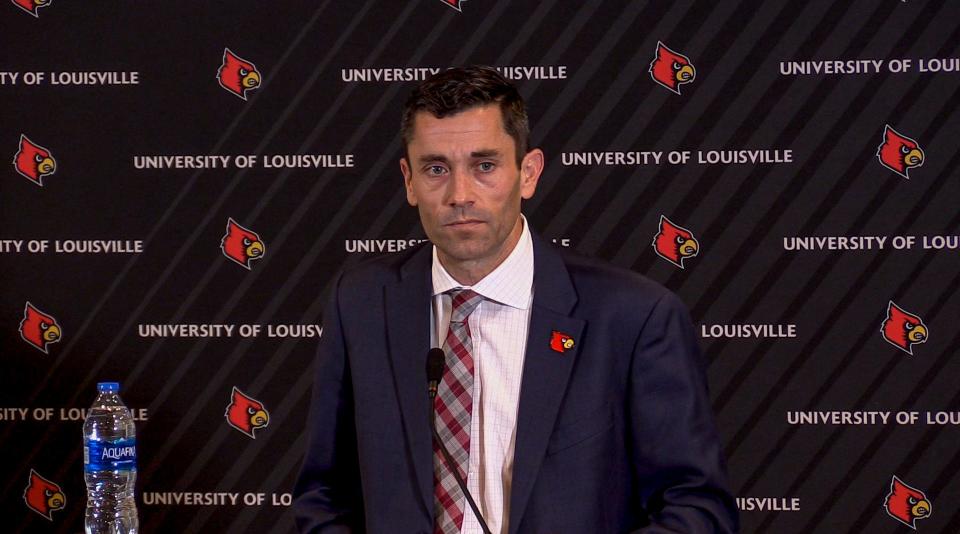 STILL FROM VIDEO: Interim athletic director Josh Heird takes questions during a press conference after announing a 'mutual separation' with men's basketball coach Chris Mack.
