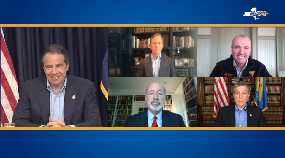 New York Gov. Andrew Cuomo is joined by video by Connecticut Gov. Ned Lamont, New Jersey Gov. Phil Murphy, Pennsylvania Gov. Tom Wolf and Delaware Gov. John Carney at his daily coronavirus briefing; May 3, 2020.