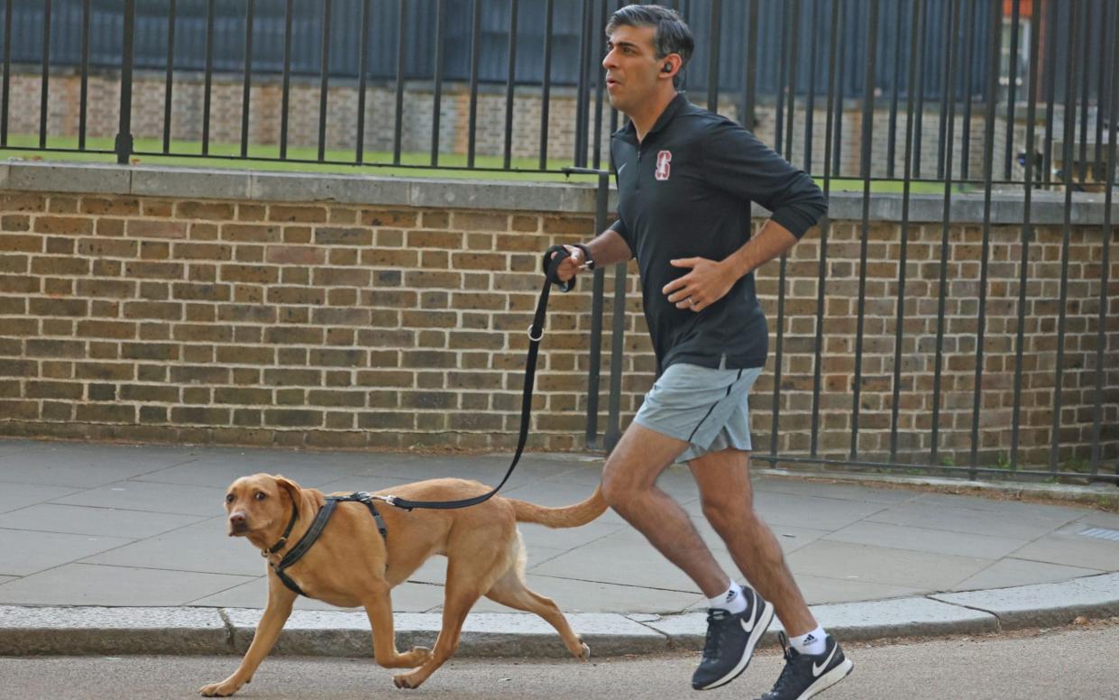 Rishi Sunak, the Prime Minister, is pictured this morning going for a run in Westminster with his dog Nova