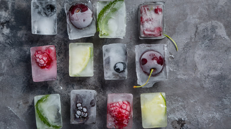 Frozen fruit in ice cubes